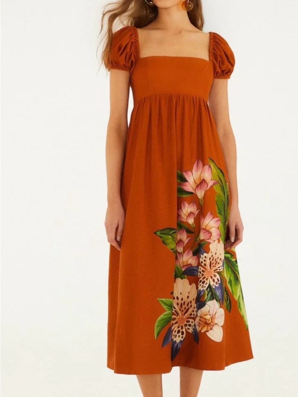 FARM Rio Rust Orange Floral Midi Dress